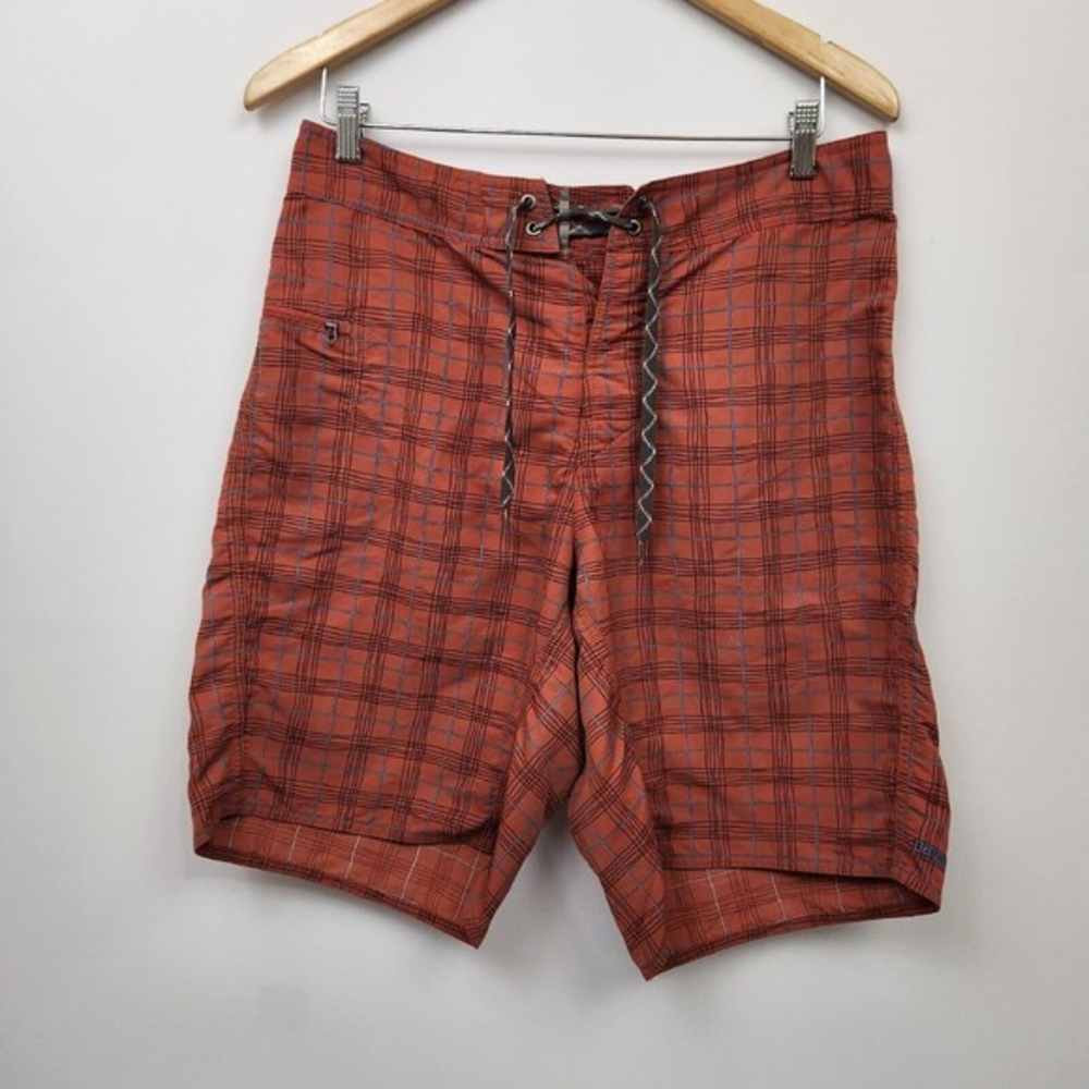 Mens Patagonia Orange Rust Plaid‎ Striped Swim Shorts Size 32